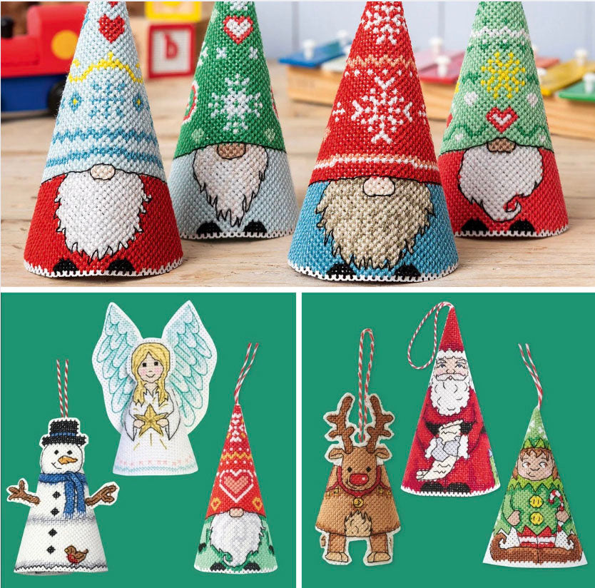 A collage of 3D Christmas cross stitch decorations including Scandi gnomes, Santa, an elf, a snowman, an angel and a reindeer