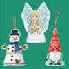 Three Christmas-themed needlepoint ornaments: a snowman, an angel, and a gnome on a green background.