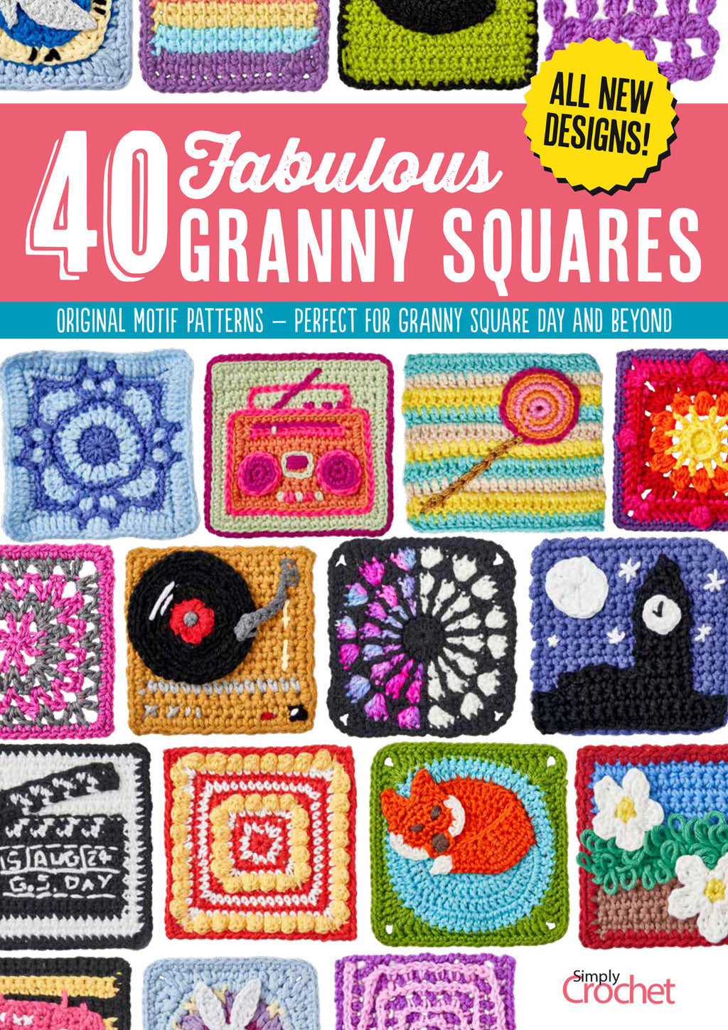 A collection of various colorful granny square crochet patterns displayed in a grid format.