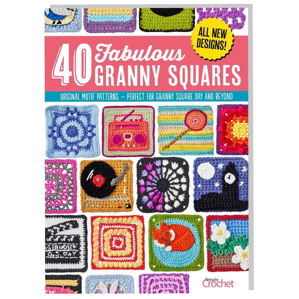 Cover of a crochet pattern book titled '40 Fabulous Granny Squares' featuring various colorful granny square patterns.