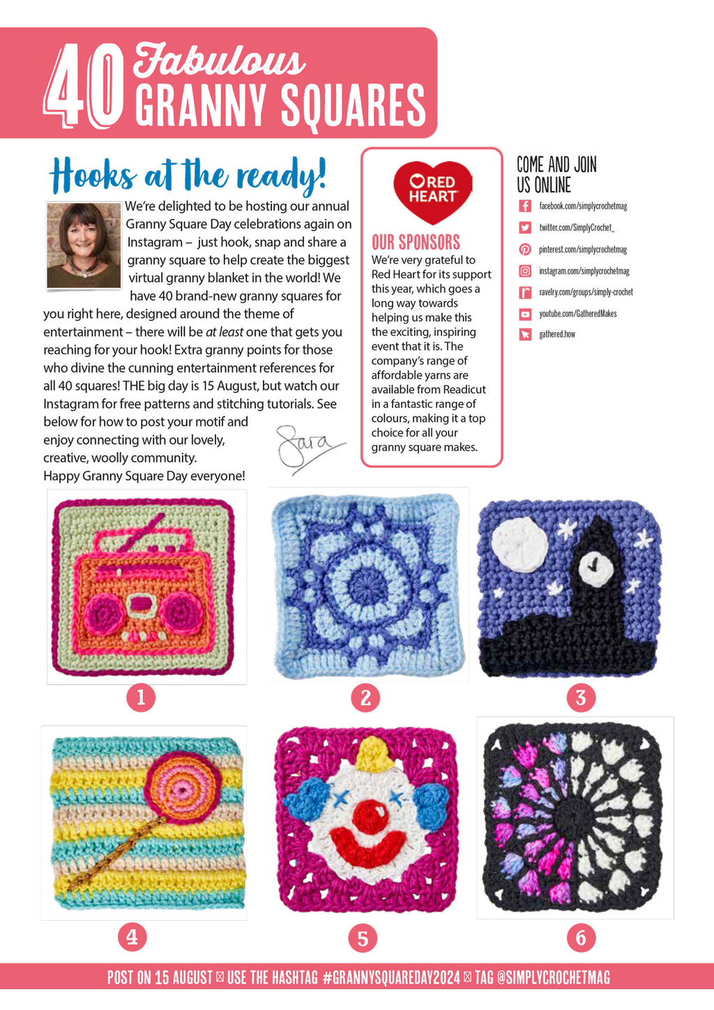 A crochet magazine page featuring '40 Fabulous Granny Squares' with colorful designs, including a radio, geometric pattern, night sky, lollipop, clown, and floral motif. Includes an article about Granny Square Day and social media links. Bright, creative, and celebratory tone."