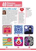 A crochet magazine page featuring '40 Fabulous Granny Squares' with colorful designs, including a radio, geometric pattern, night sky, lollipop, clown, and floral motif. Includes an article about Granny Square Day and social media links. Bright, creative, and celebratory tone."