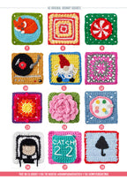 A collage of 12 colorful crochet squares features diverse designs like a sleeping fox, record player, gnome, pink flower, and more, showcasing creativity.