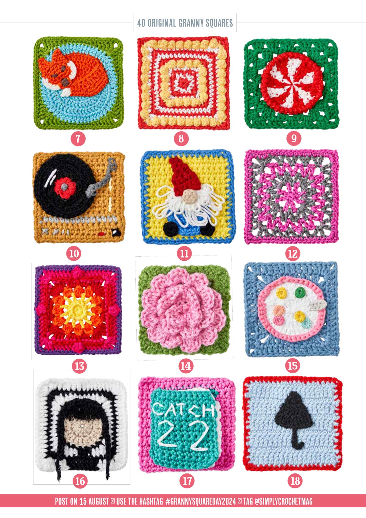 A collage of 12 colorful crochet squares features diverse designs like a sleeping fox, record player, gnome, pink flower, and more, showcasing creativity.