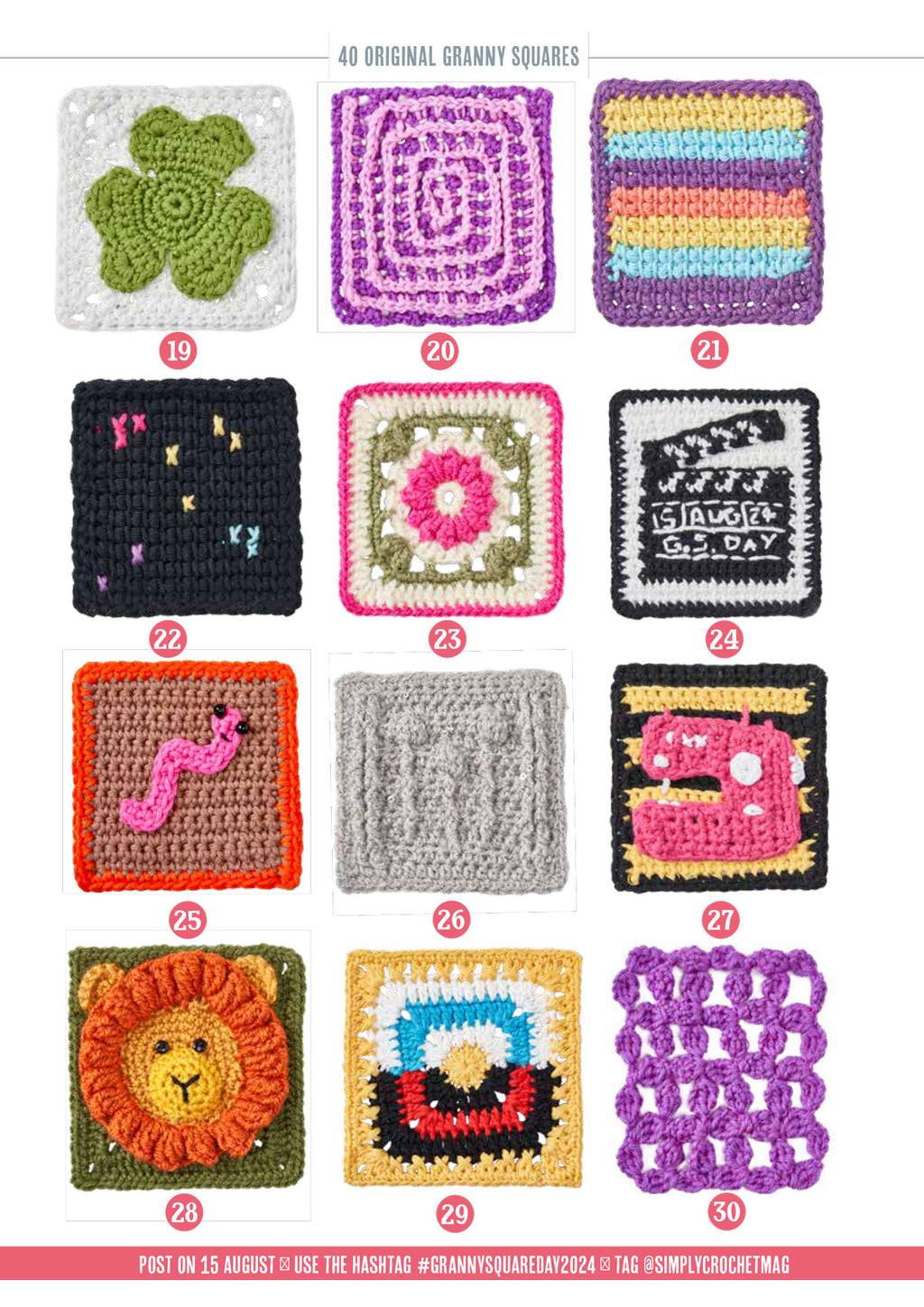 Twelve colorful crochet granny squares with unique patterns, including a four-leaf clover, spiral, rainbow stripes, and a lion's face, numbered 19 to 30.