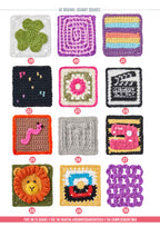 Twelve colorful crochet granny squares with unique patterns, including a four-leaf clover, spiral, rainbow stripes, and a lion's face, numbered 19 to 30.