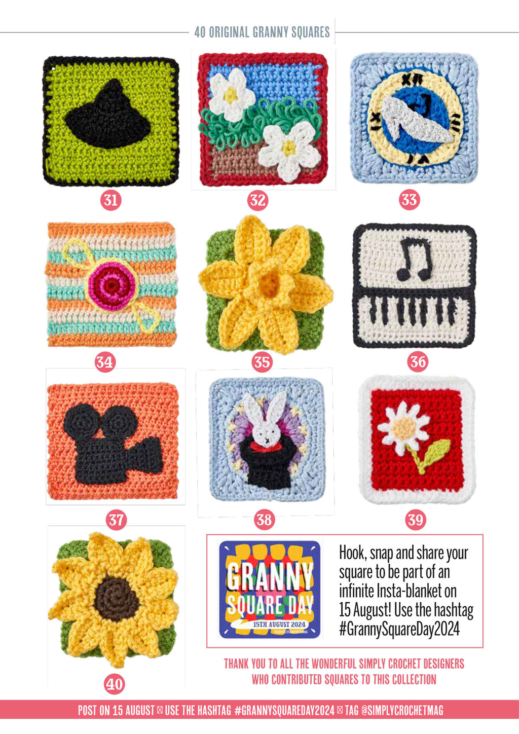 A collage of nine colorful crocheted granny squares, each with unique designs like a witch hat, daffodil, piano keys, and more. Bright and creative.
