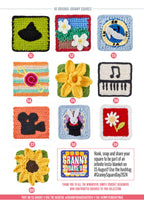A collage of nine colorful crocheted granny squares, each with unique designs like a witch hat, daffodil, piano keys, and more. Bright and creative.