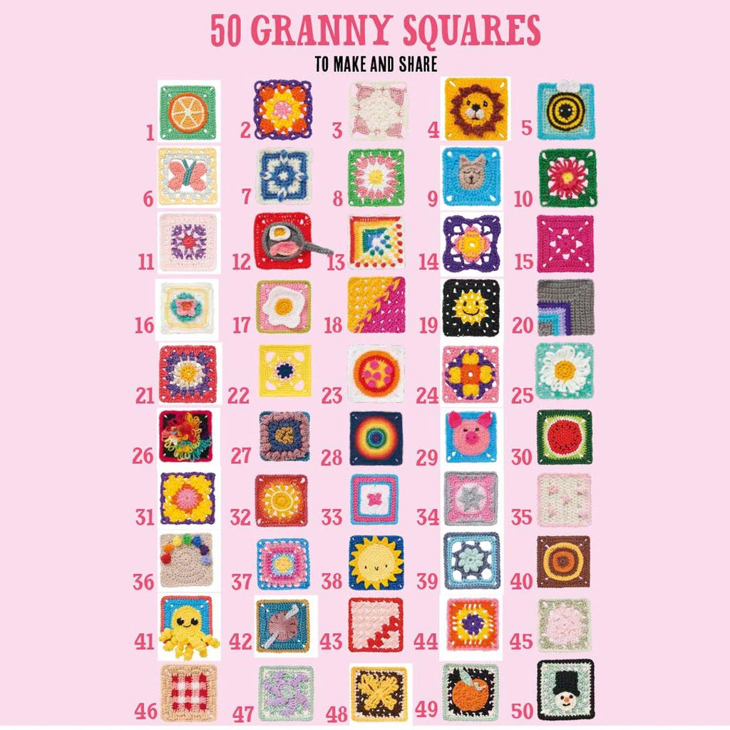Grid of 50 colorful crocheted granny squares against a pink background. Each square features unique patterns and designs, showcasing creativity.