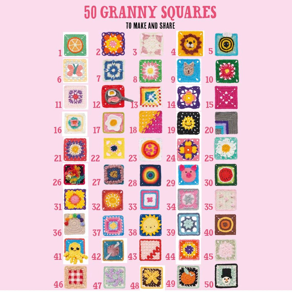 Grid of 50 colorful crocheted granny squares against a pink background. Each square features unique patterns and designs, showcasing creativity.