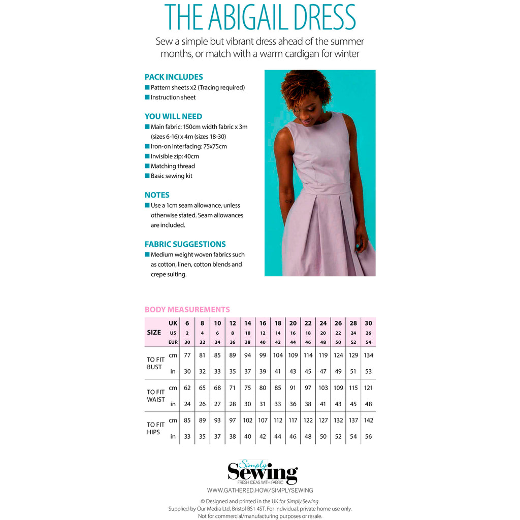 Sewing pattern for 'The Abigail Dress' with fabric requirements, measurements, and a model wearing the dress.