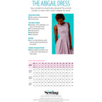 Sewing pattern for 'The Abigail Dress' with fabric requirements, measurements, and a model wearing the dress.