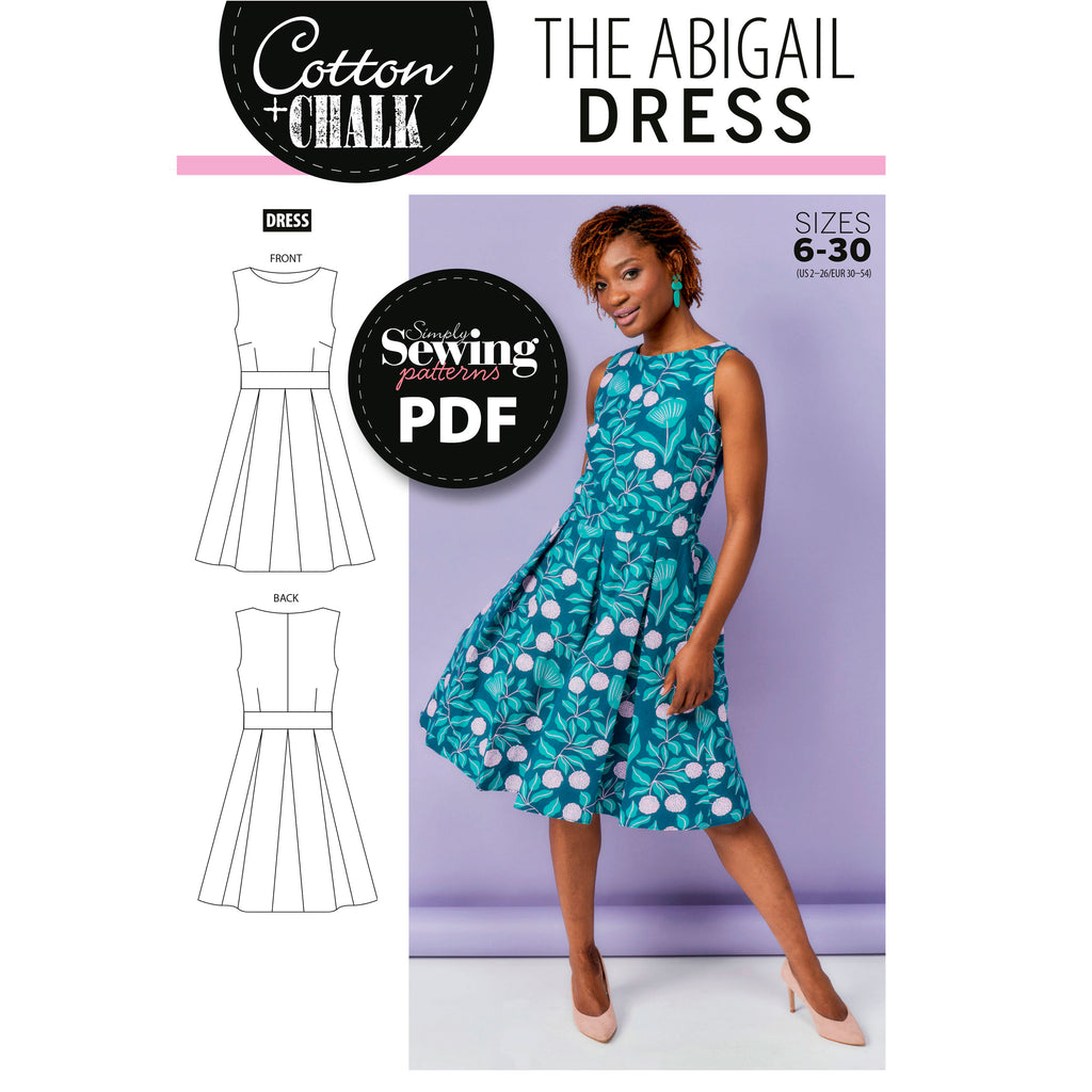 Sewing pattern cover for 'The Abigail Dress' by Cotton + Chalk with a model wearing the dress.