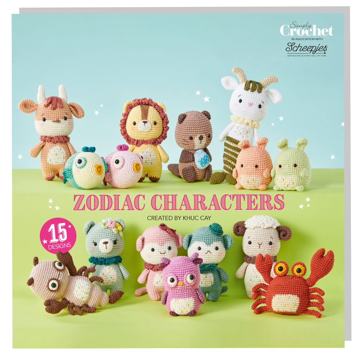 A collection of amigurumi crochet characters representing various zodiac animals, with yarns in multiple colors.