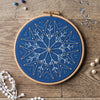 Embroidery hoop with blue fabric and star pattern on a wooden surface