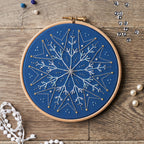 Embroidery hoop with blue fabric and star pattern on a wooden surface