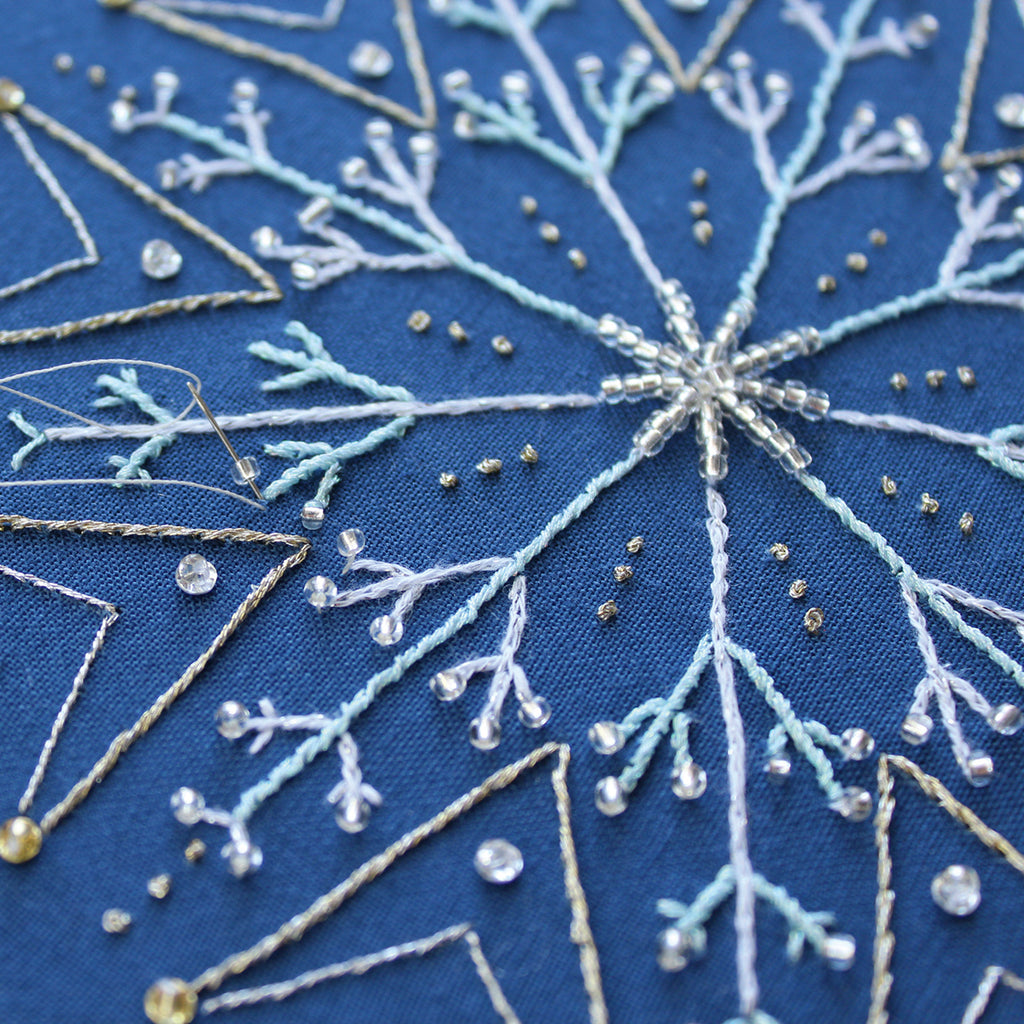Close-up of an embroidered snowflake design on blue fabric with white and gold thread.
