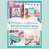Cover of 'Designer Collection Birthday Chart Book' with various birthday-themed illustrations on a light blue background.