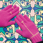 pink knitted gloves with gold details