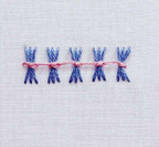 Embroidery pattern on fabric with blue and pink threads