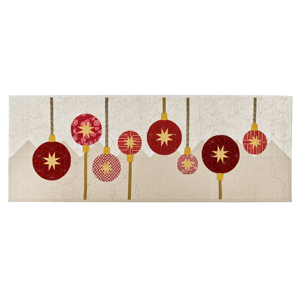 Decorative runner with red and gold Christmas ornaments on a textured beige background