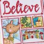 Cross-stitched design with a reindeer, holly, presents, and houses, featuring the word 'Believe'.