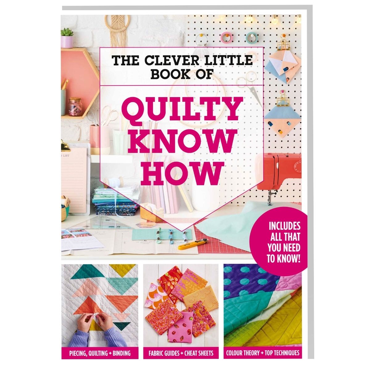 Cover of 'The Clever Little Book of Quilty Know How', featuring various quilting tools and materials.