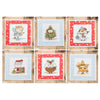 Set of six cross-stitched Christmas designs on card squares.