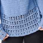 Close-up of a blue crochet garment with intricate pattern