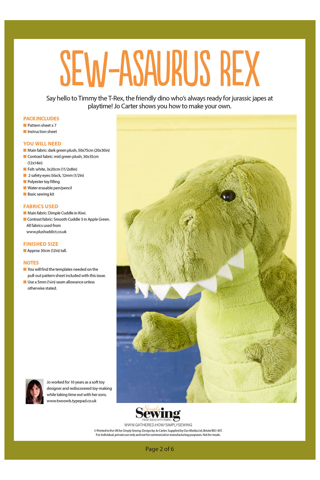 "Sew-Asaurus Rex sewing pattern flyer with a plush green dinosaur named Timmy T-Rex. Image shows materials needed, fabric tips, and a friendly tone."