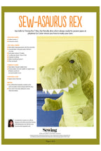 "Sew-Asaurus Rex sewing pattern flyer with a plush green dinosaur named Timmy T-Rex. Image shows materials needed, fabric tips, and a friendly tone."