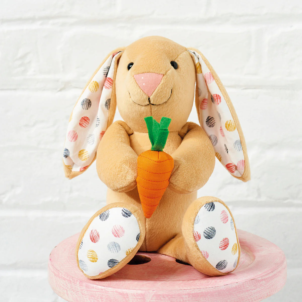 Plush toy rabbit with a carrot on a white background