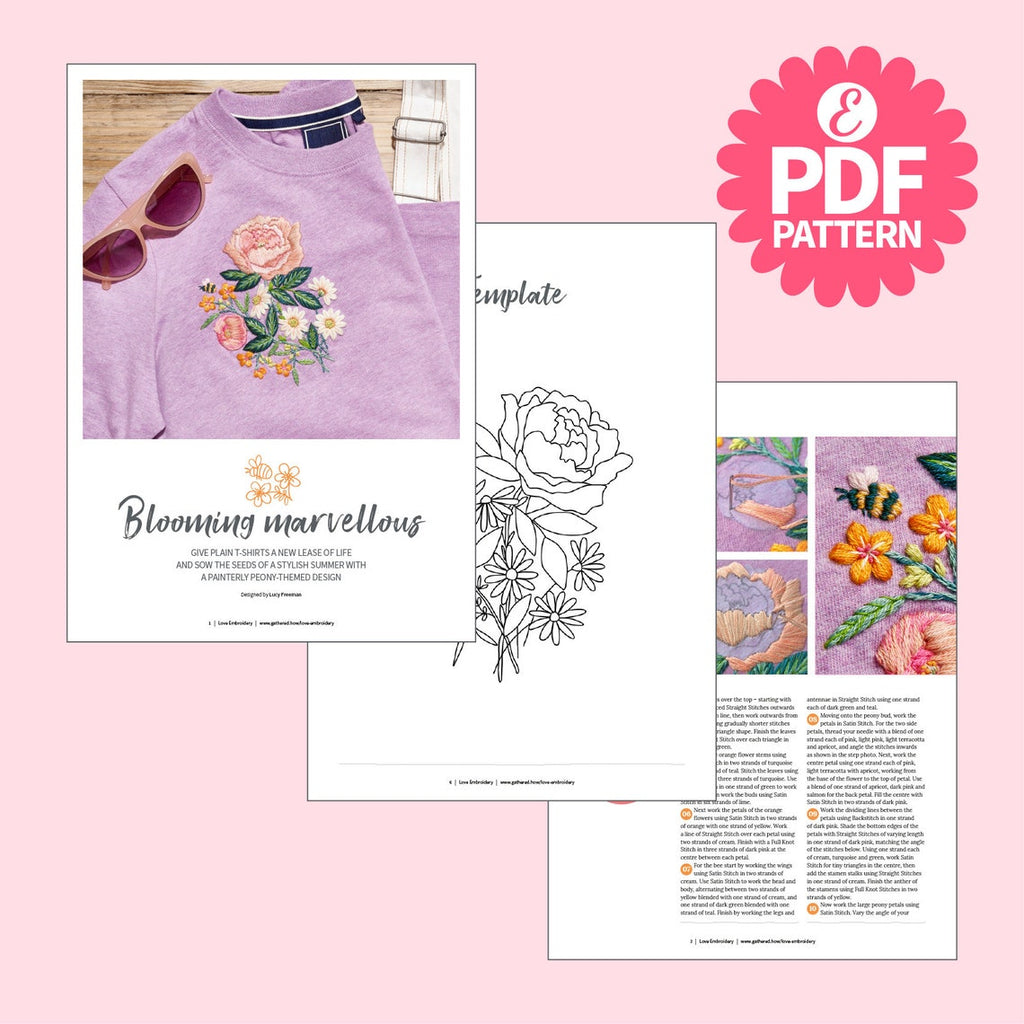 Pretty Peony T-shirt Motif Embroidery Pattern PDF