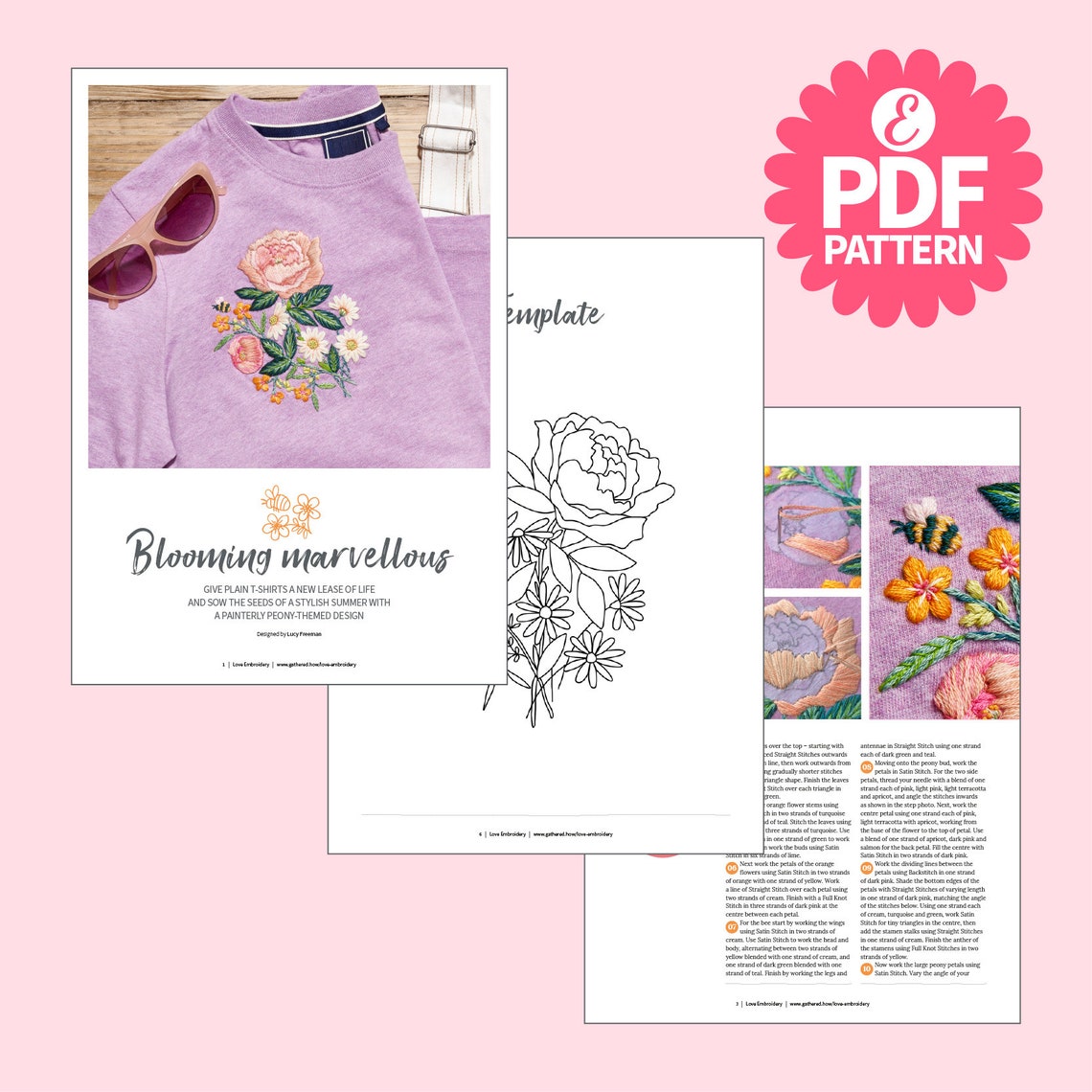 Pretty Peony T-shirt Motif Embroidery Pattern PDF