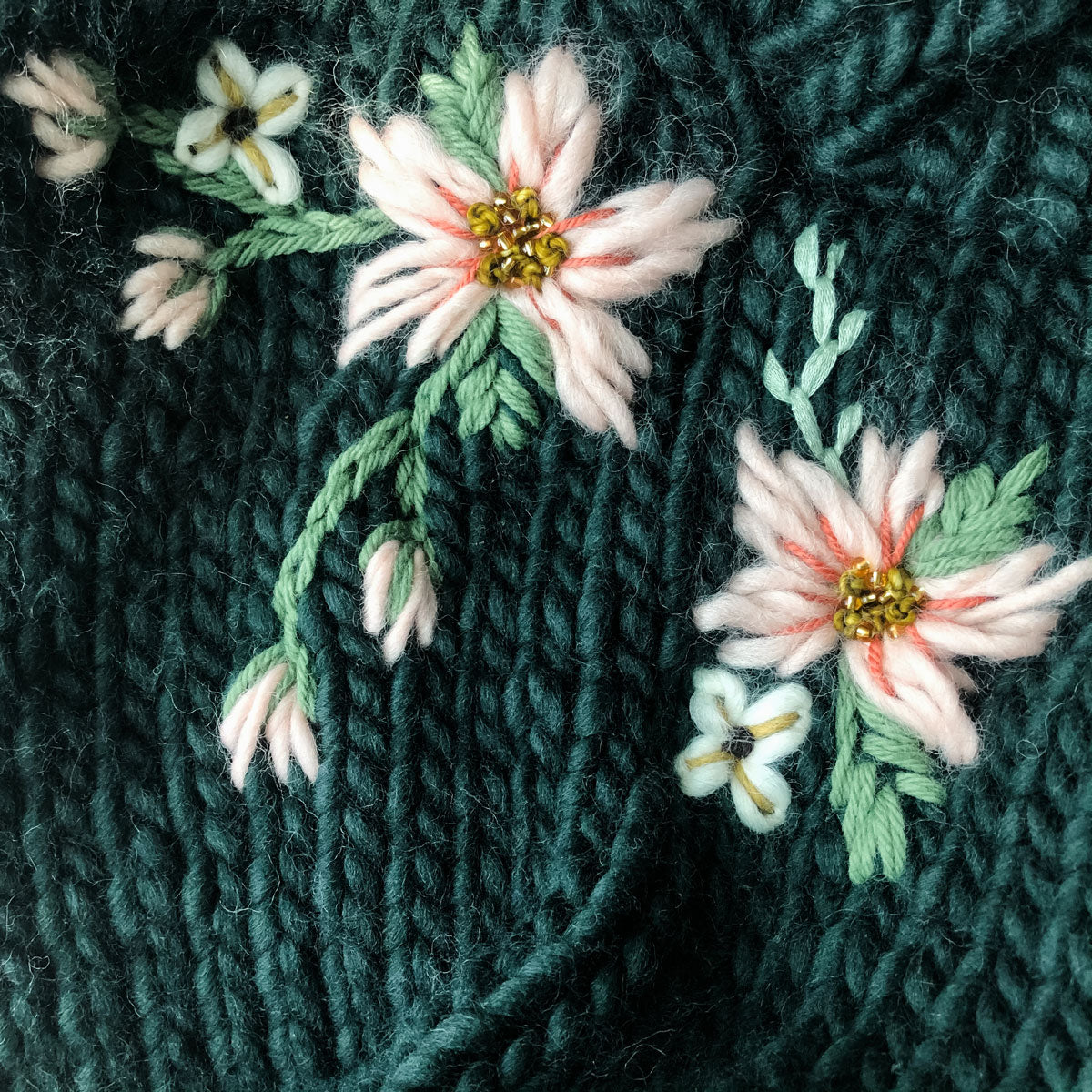 closeup of embroidery detail on a knitted jumper