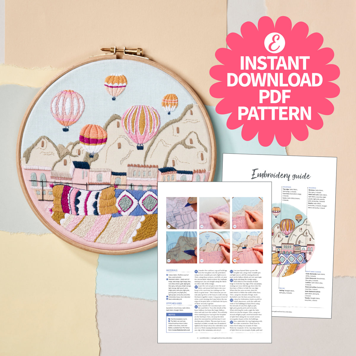 Hot Air Balloons Embroidery Hoop Pattern PDF