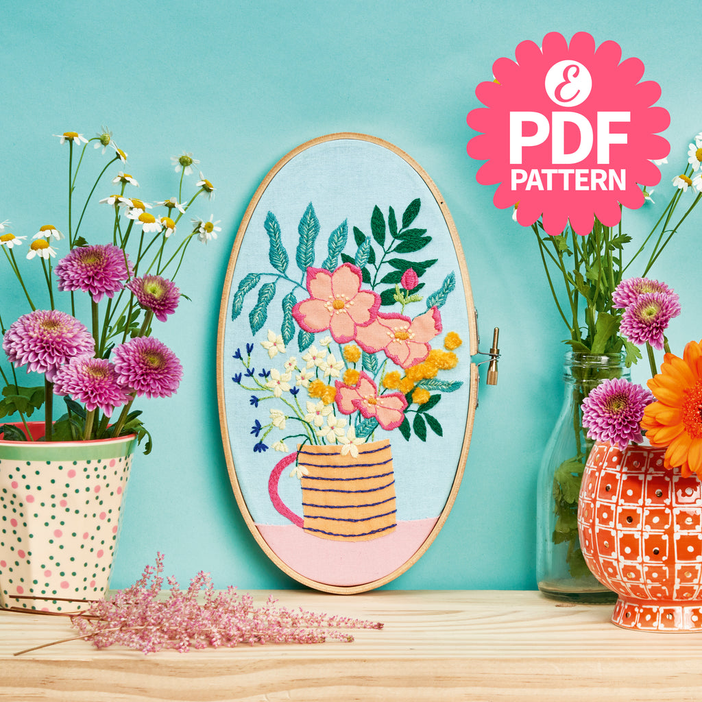 Stitch & applique flowers oval hoop embroidery pattern PDF