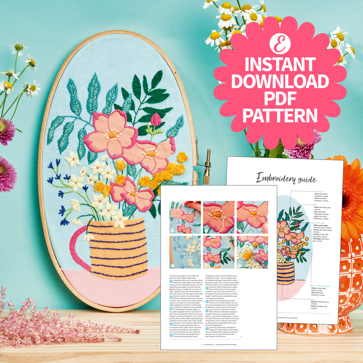 Stitch & applique flowers oval hoop embroidery pattern PDF