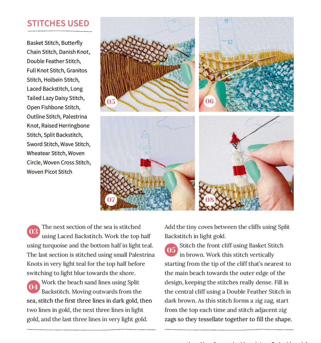 Embroidery tutorial with stitch examples and text instructions.
