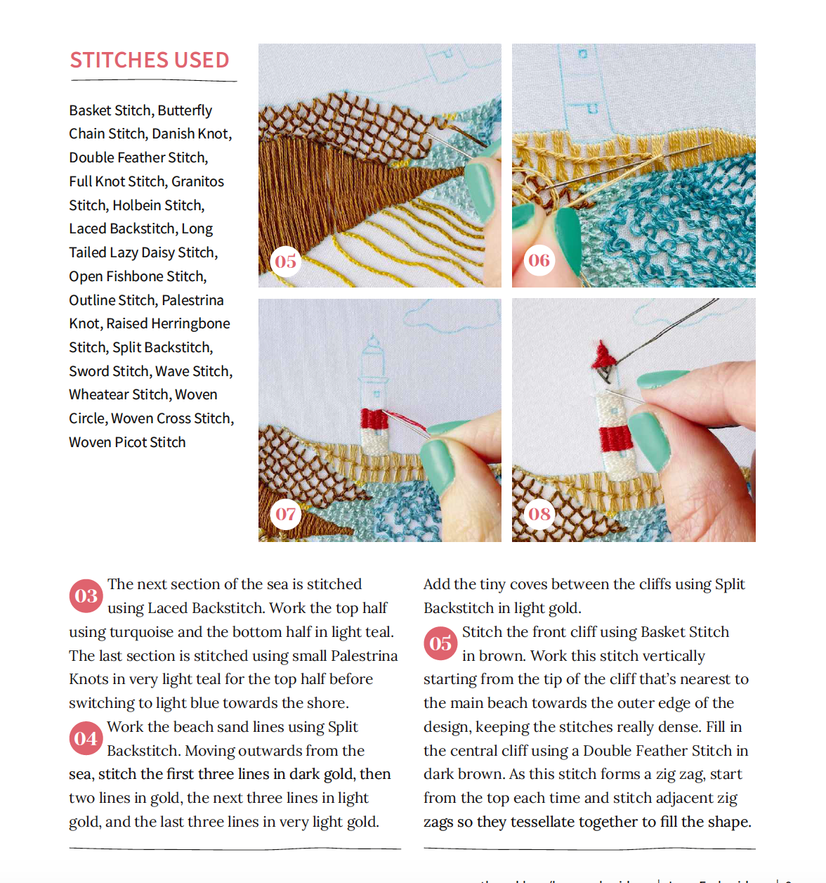 Embroidery tutorial with stitch examples and text instructions.