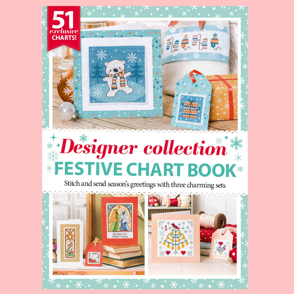 Cover of a festive chart book with cross-stitch patterns and Christmas-themed items.