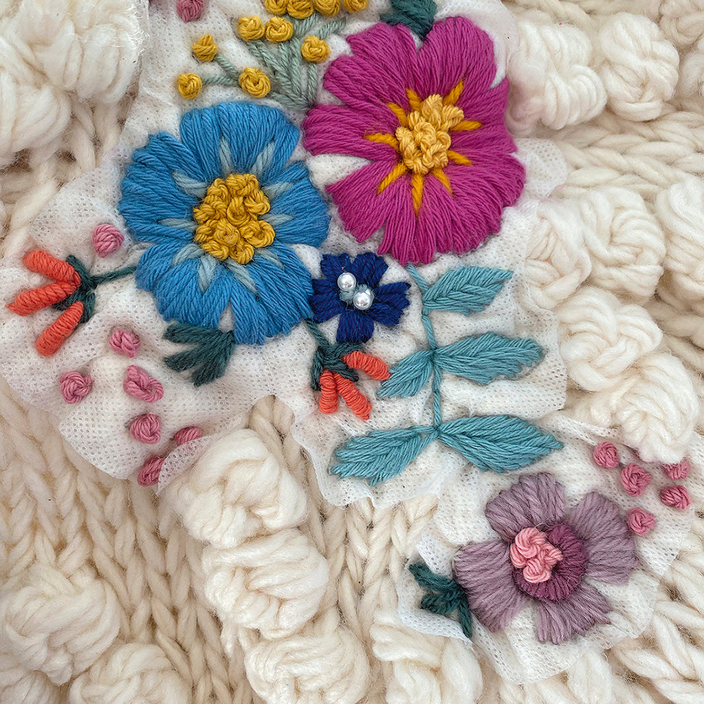 Close-up of embroidered flowers on a textured fabric background