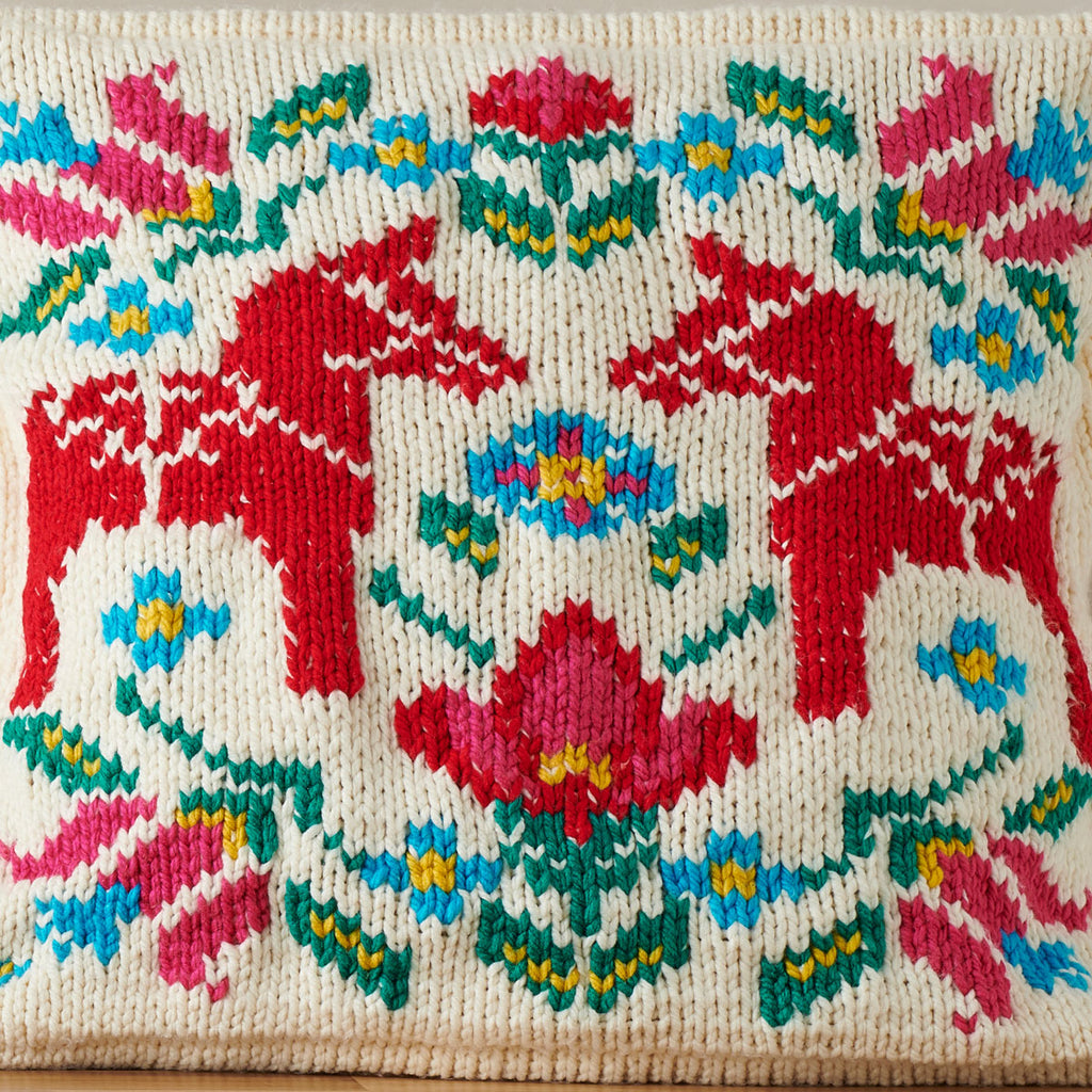 Dala horse detail on folk art cushion knitting pattern