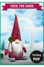 Sewing pattern PDF for 'Erik the Gonk' with a gnome figure on a scenic background.