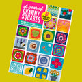 Book cover of 'A Year of Granny Squares' with colorful granny square patterns on a yellow background.