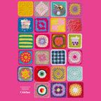 Grid of colorful crochet squares on a pink background