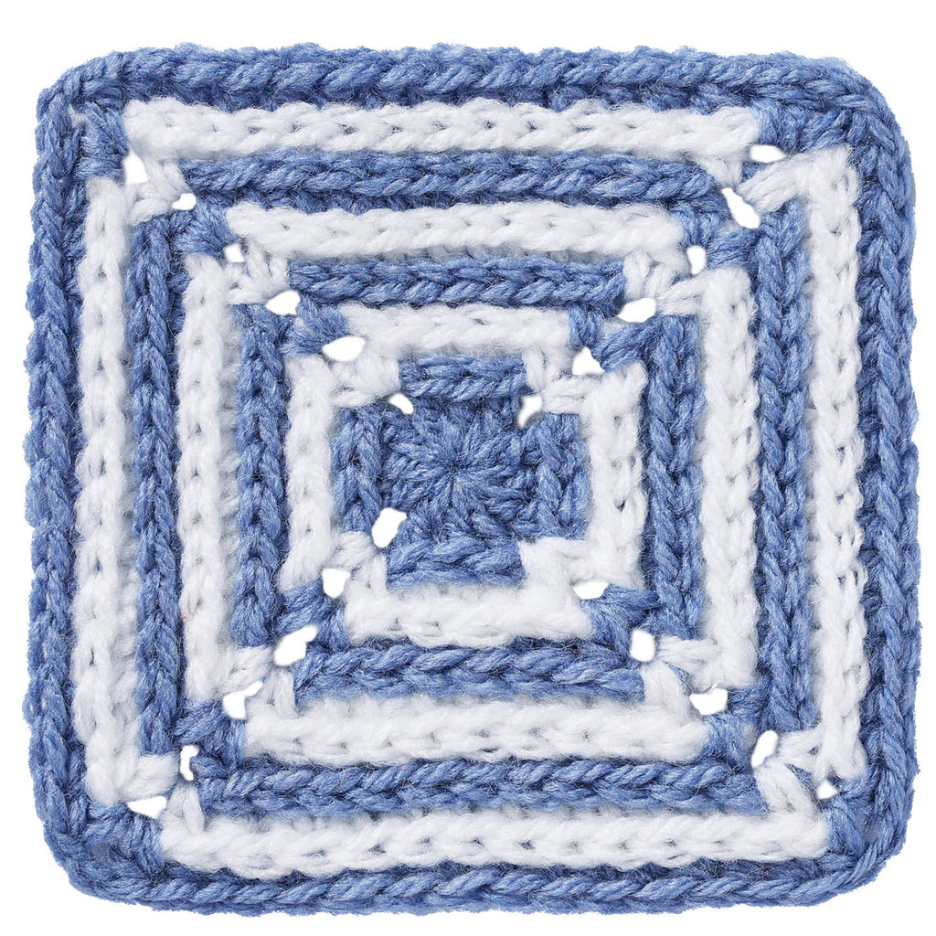 Blue and white crocheted square pattern on a white background