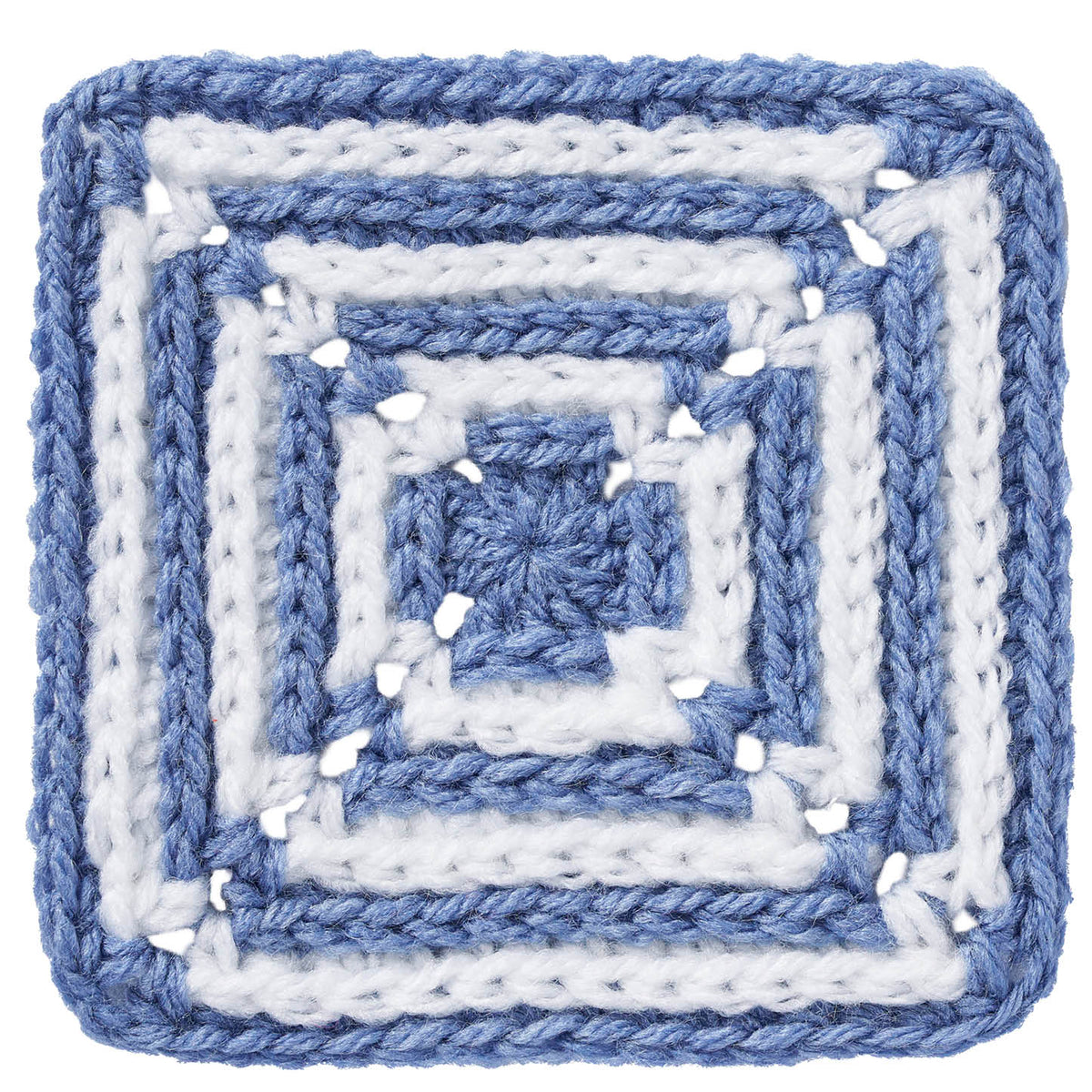 Blue and white crocheted square pattern on a white background
