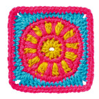 Crocheted square with pink and blue border and yellow center on a white background