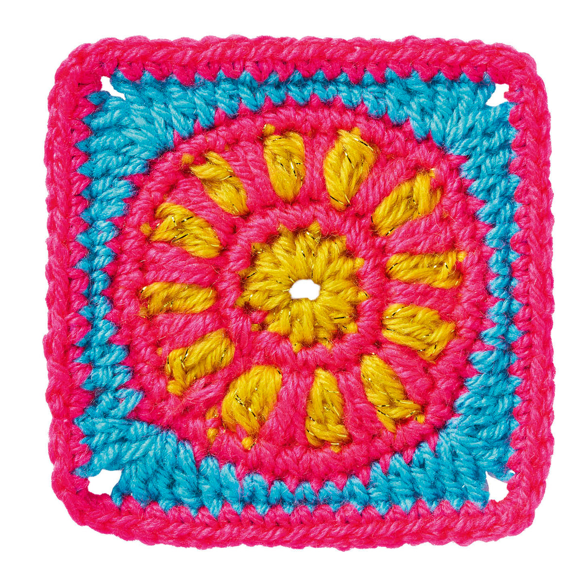 Crocheted square with pink and blue border and yellow center on a white background